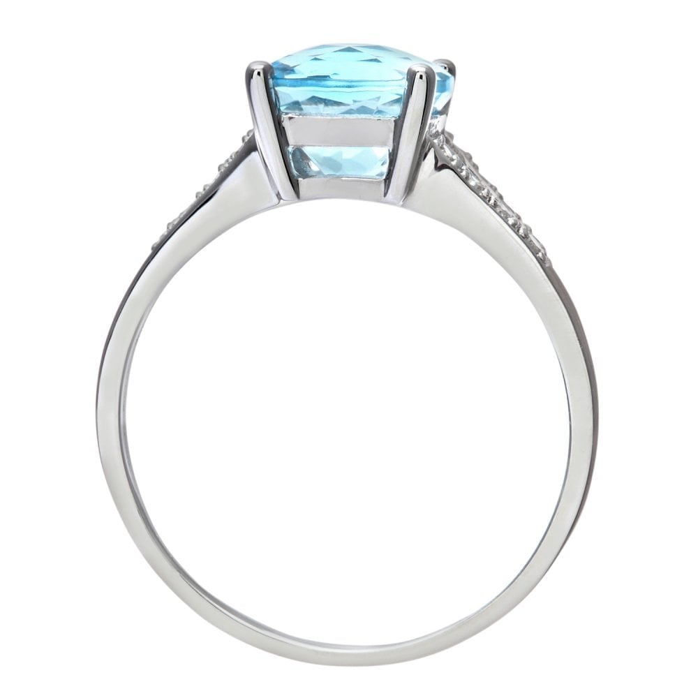 SPARKLD 9ct White Gold Cushion Cut Blue Topaz Ring With Diamond Shoulders