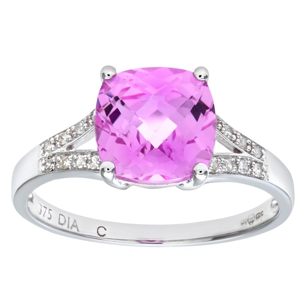 SPARKLD 9ct White Gold Created Pink Sapphire Ring With Diamond Shoulders