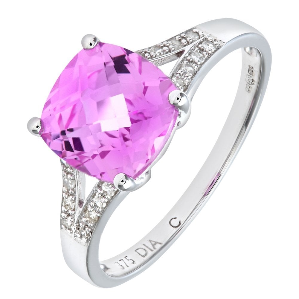 SPARKLD 9ct White Gold Created Pink Sapphire Ring With Diamond Shoulders