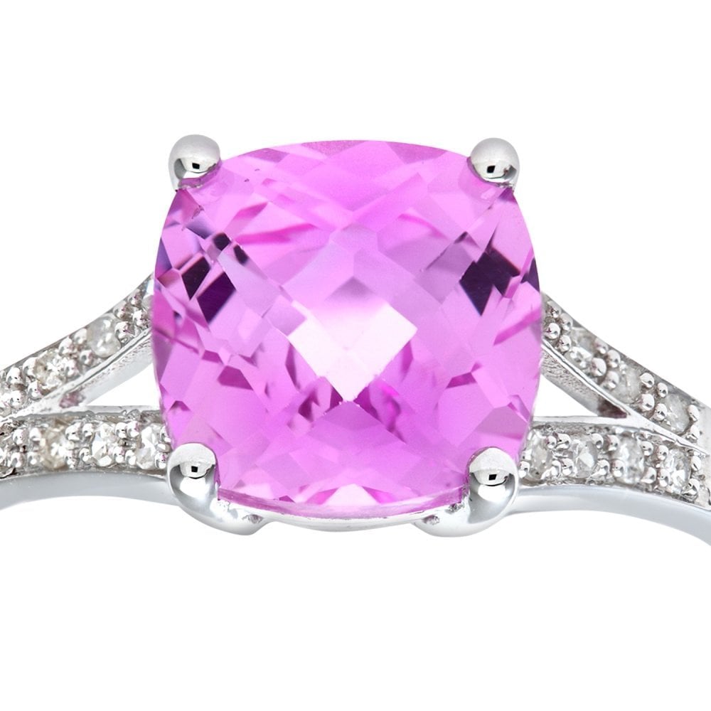SPARKLD 9ct White Gold Created Pink Sapphire Ring With Diamond Shoulders