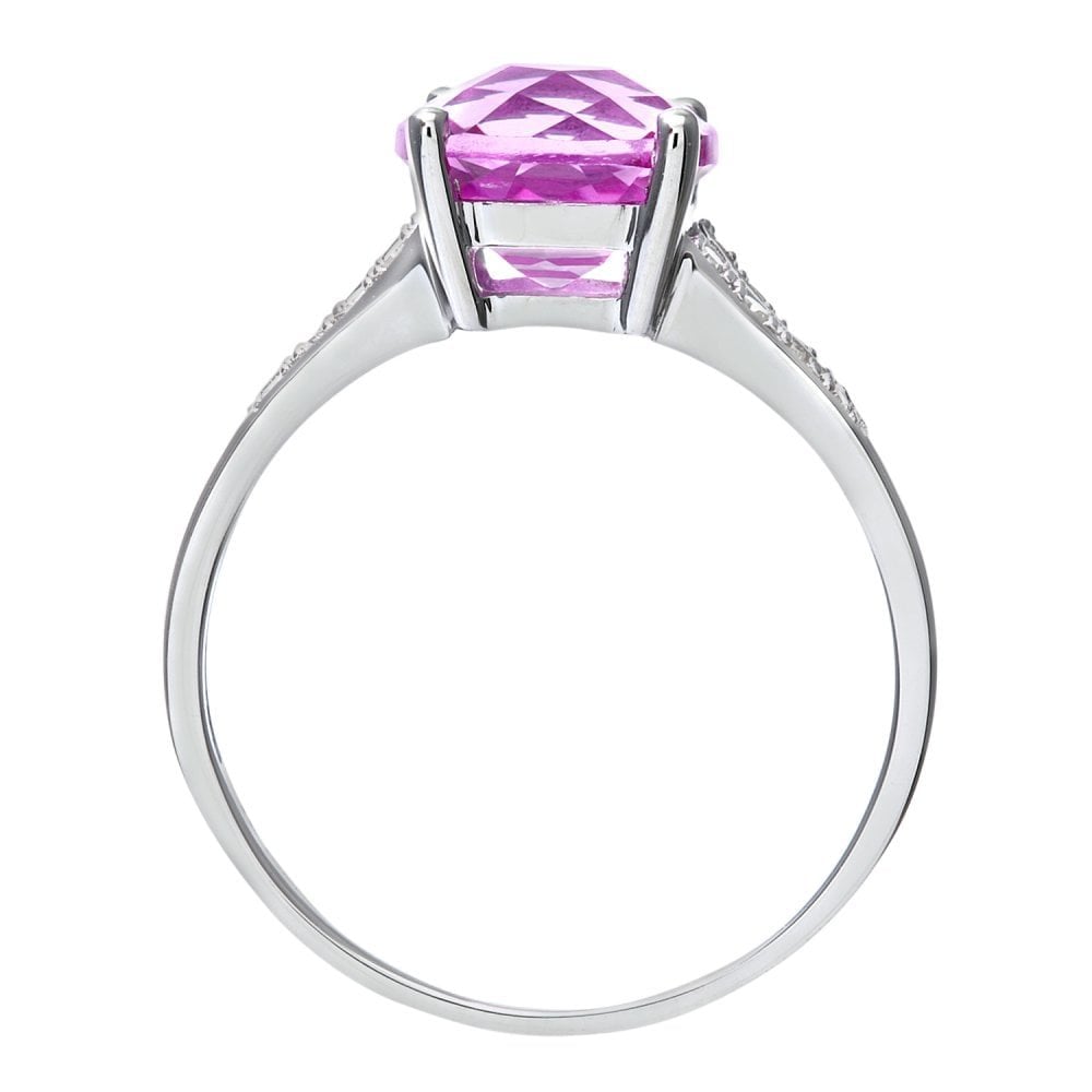 SPARKLD 9ct White Gold Created Pink Sapphire Ring With Diamond Shoulders