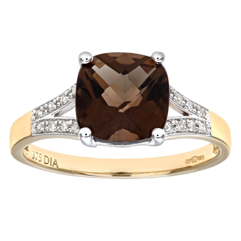 SPARKLD 9ct Yellow Gold Cushion Cut Smokey Ring Wth Diamond Shoulders