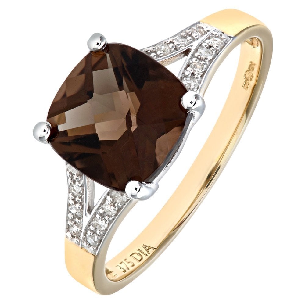 SPARKLD 9ct Yellow Gold Cushion Cut Smokey Ring Wth Diamond Shoulders