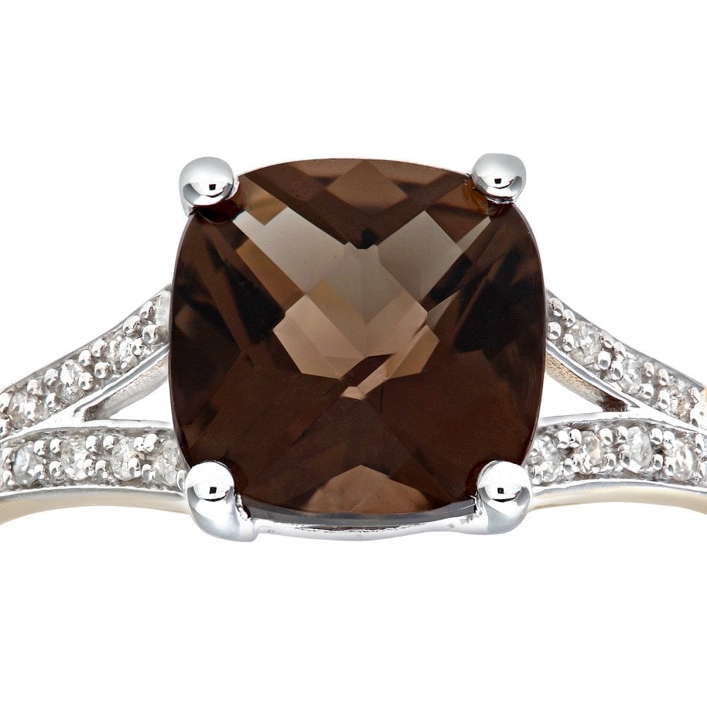 SPARKLD 9ct Yellow Gold Cushion Cut Smokey Ring Wth Diamond Shoulders