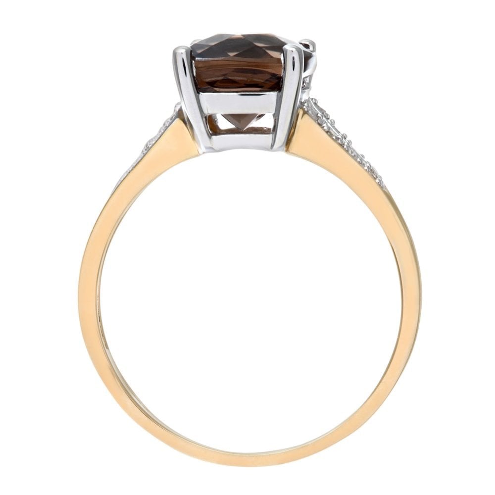 SPARKLD 9ct Yellow Gold Cushion Cut Smokey Ring Wth Diamond Shoulders