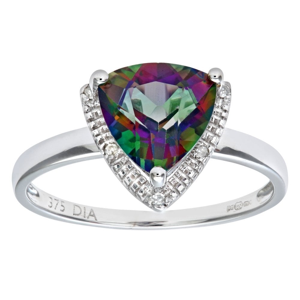 SPARKLD 9ct White Gold Triangular Cut Green Mystic Topaz And Diamond Ring