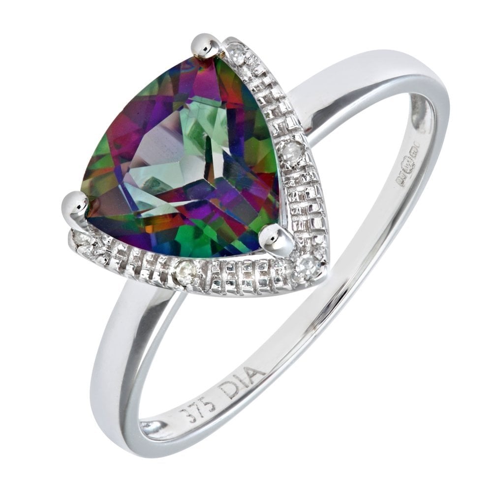 SPARKLD 9ct White Gold Triangular Cut Green Mystic Topaz And Diamond Ring