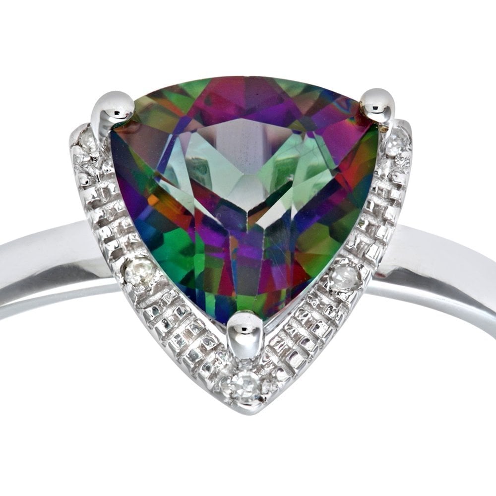 SPARKLD 9ct White Gold Triangular Cut Green Mystic Topaz And Diamond Ring