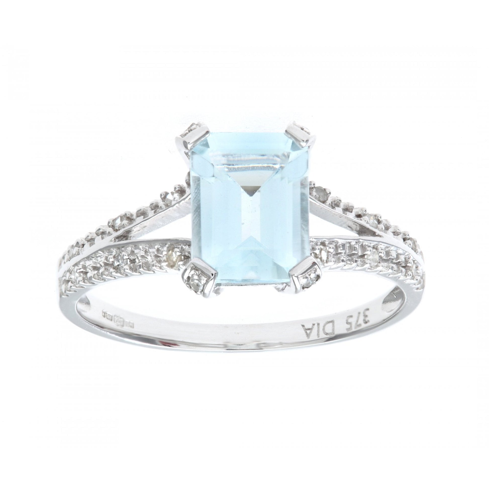SPARKLD 14ct White Gold Emerald Cut Aquamarine Ring With Diamond Shoulders