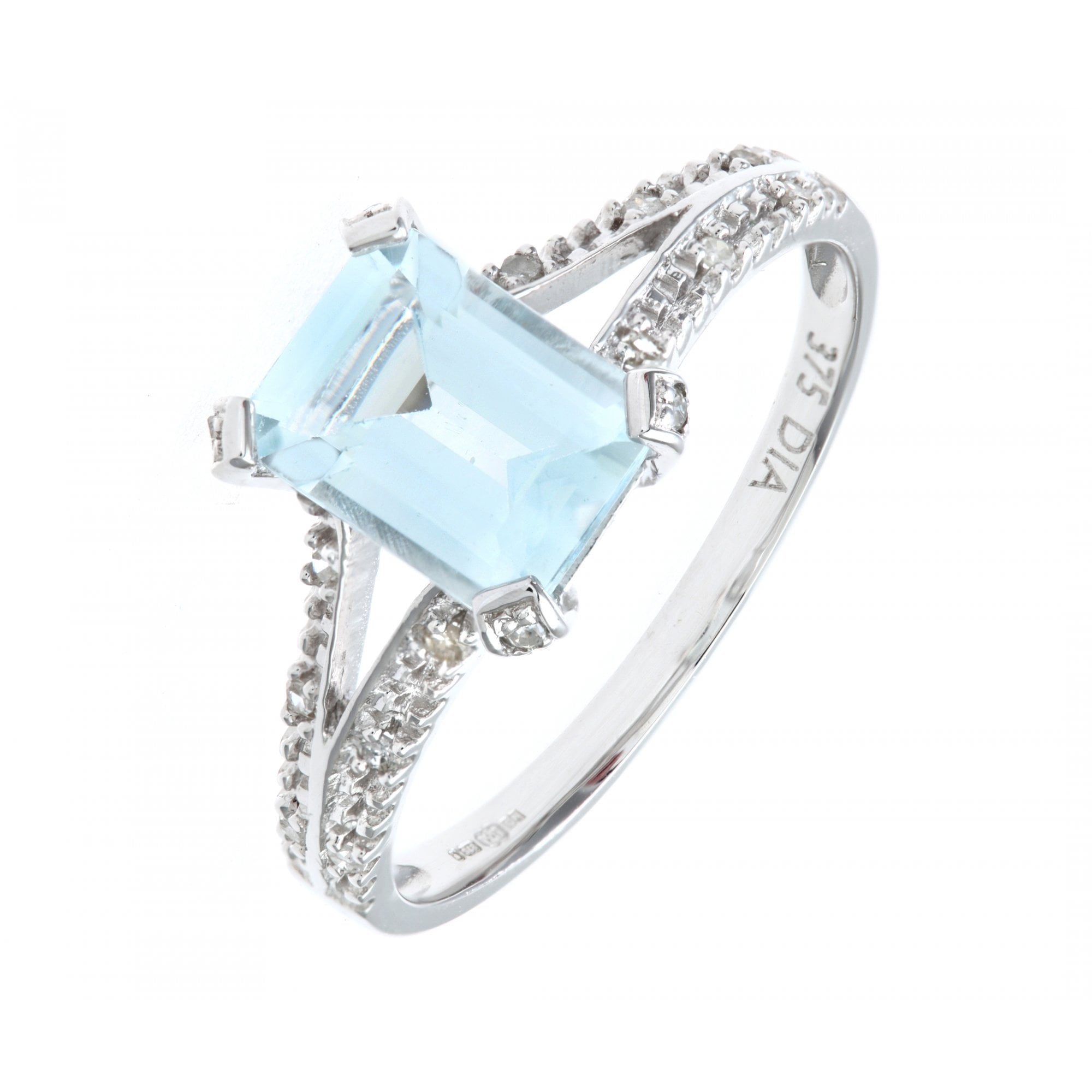 SPARKLD 14ct White Gold Emerald Cut Aquamarine Ring With Diamond Shoulders