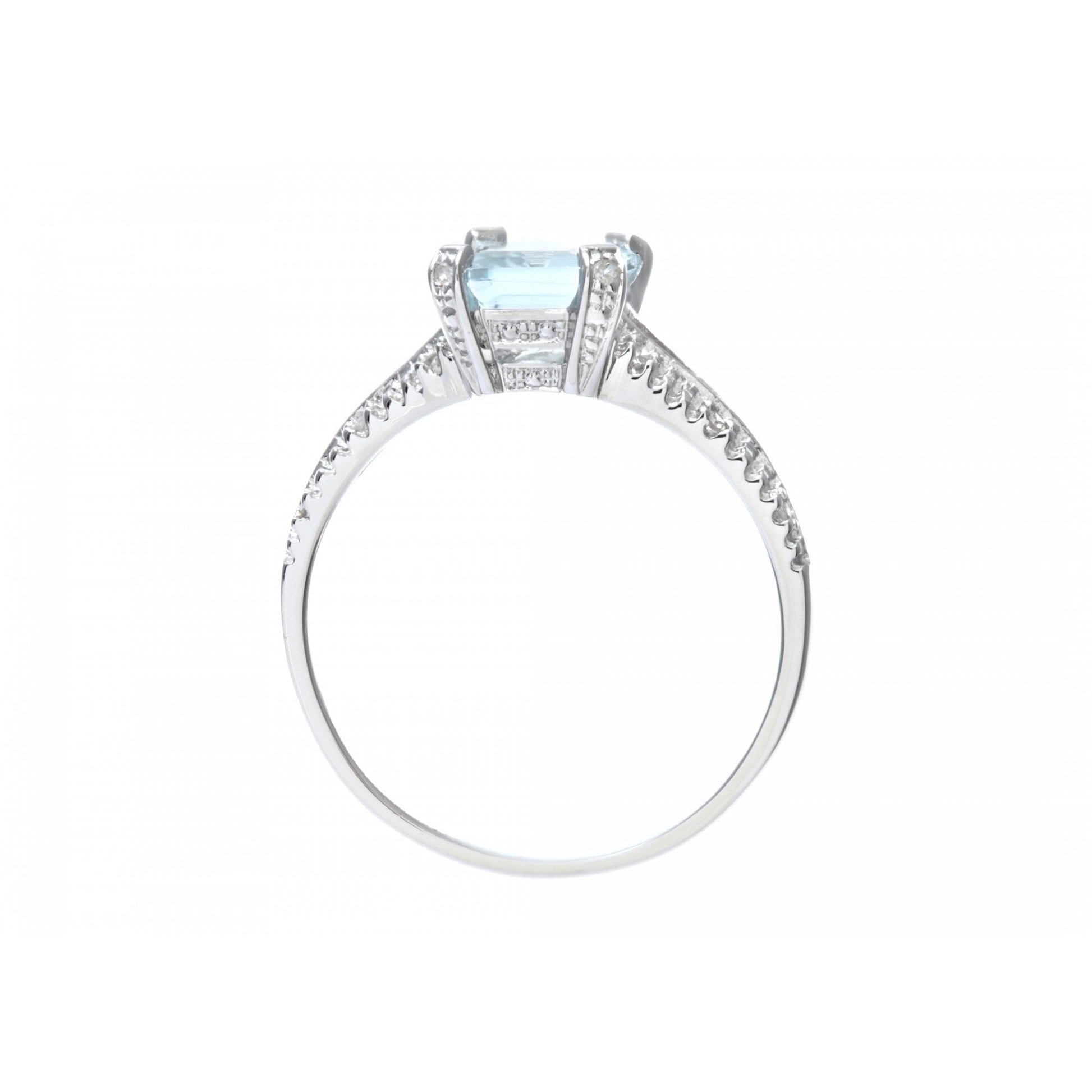 SPARKLD 14ct White Gold Emerald Cut Aquamarine Ring With Diamond Shoulders