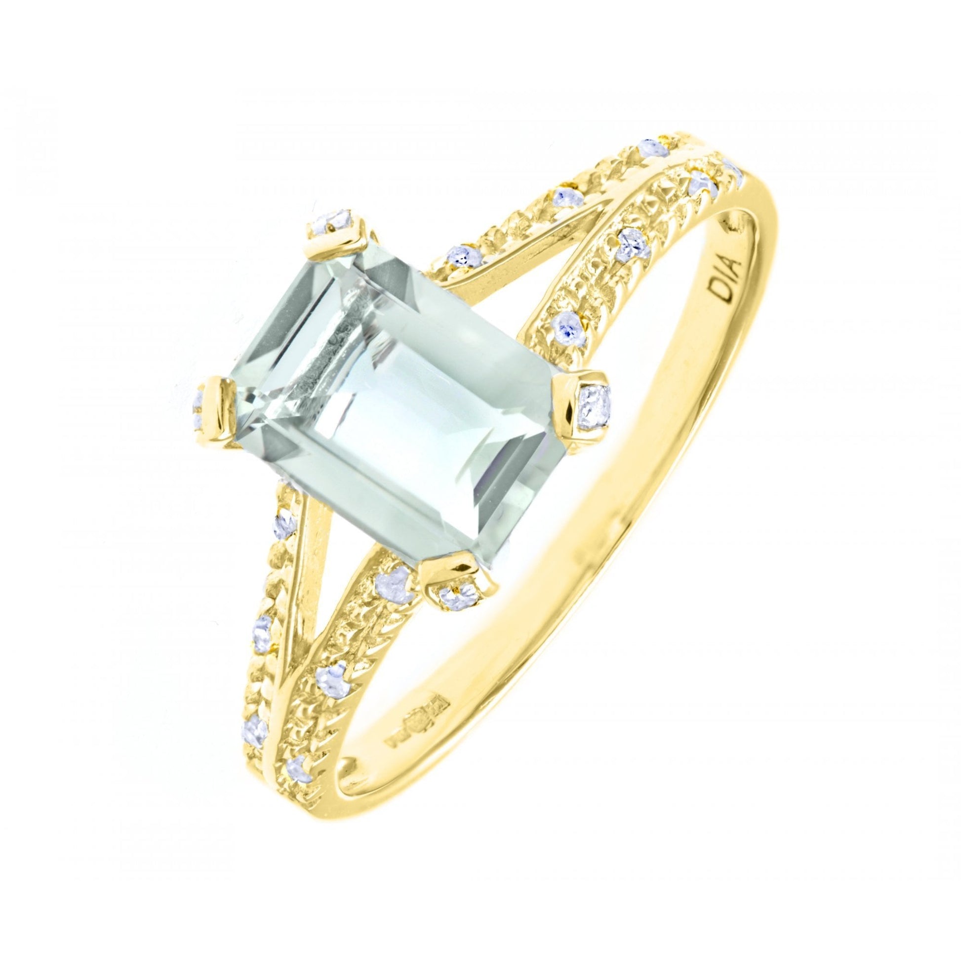 SPARKLD 14ct Yellow Gold Emerald Cut Green Amethyst Ring With Diamond Shoulders