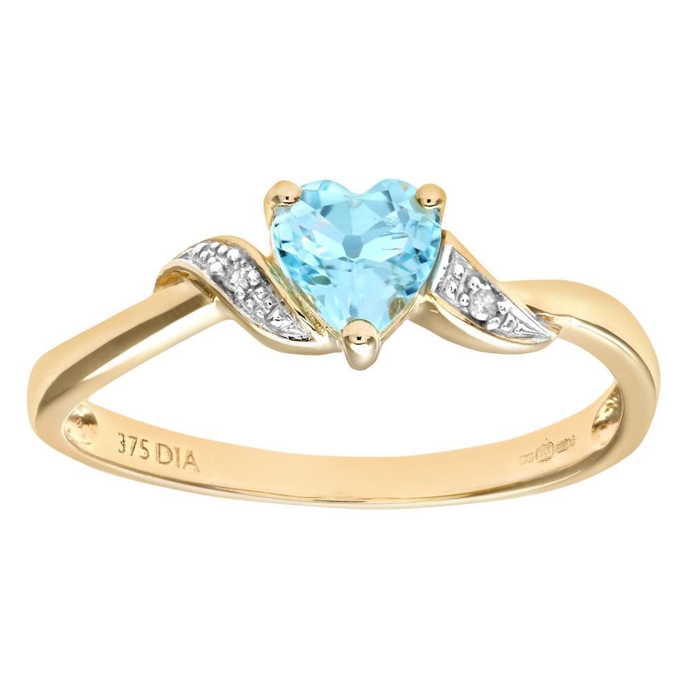 SPARKLD 9ct Yellow Gold Blue Topaz And Diamond Heart Ring