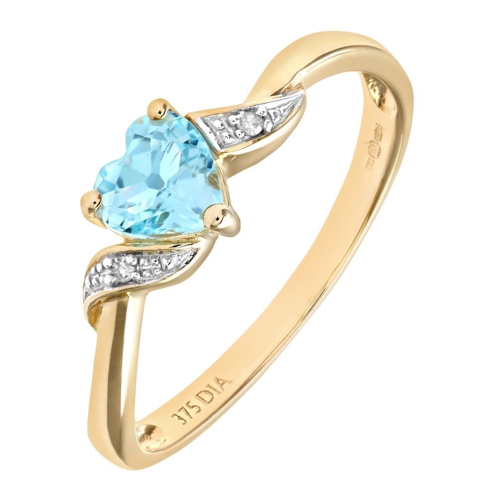 SPARKLD 9ct Yellow Gold Blue Topaz And Diamond Heart Ring