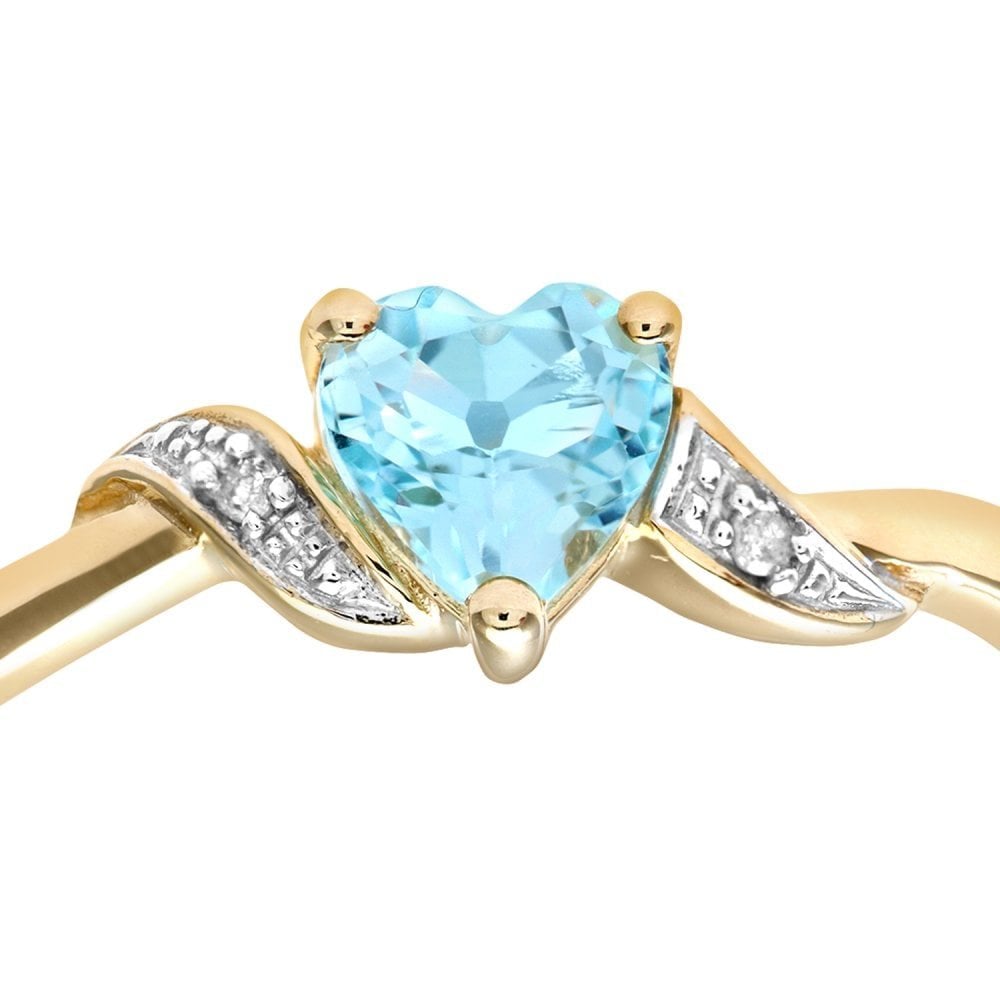 SPARKLD 9ct Yellow Gold Blue Topaz And Diamond Heart Ring