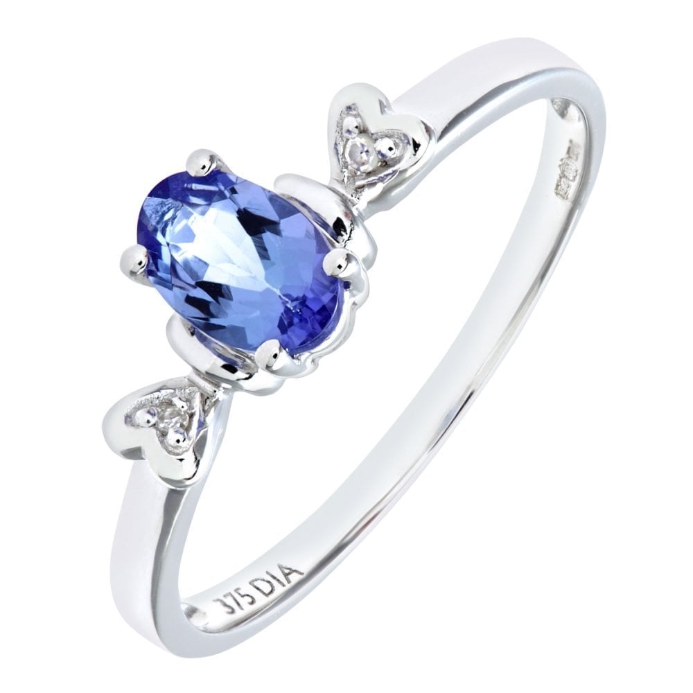 SPARKLD 9ct White Gold Tanzanite Ring With Diamond Set Heart Shoulders