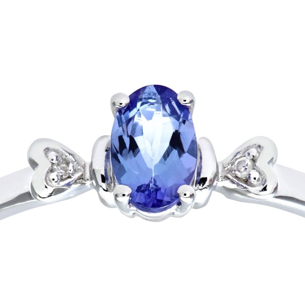 SPARKLD 9ct White Gold Tanzanite Ring With Diamond Set Heart Shoulders