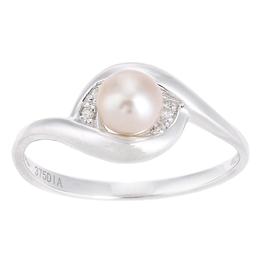 SPARKLD 9ct White Gold Diamond And Cultured Pearl Crossover Ring