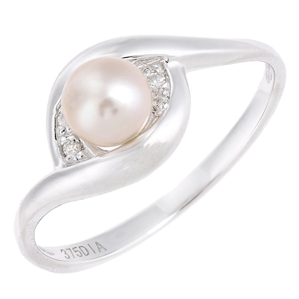 SPARKLD 9ct White Gold Diamond And Cultured Pearl Crossover Ring