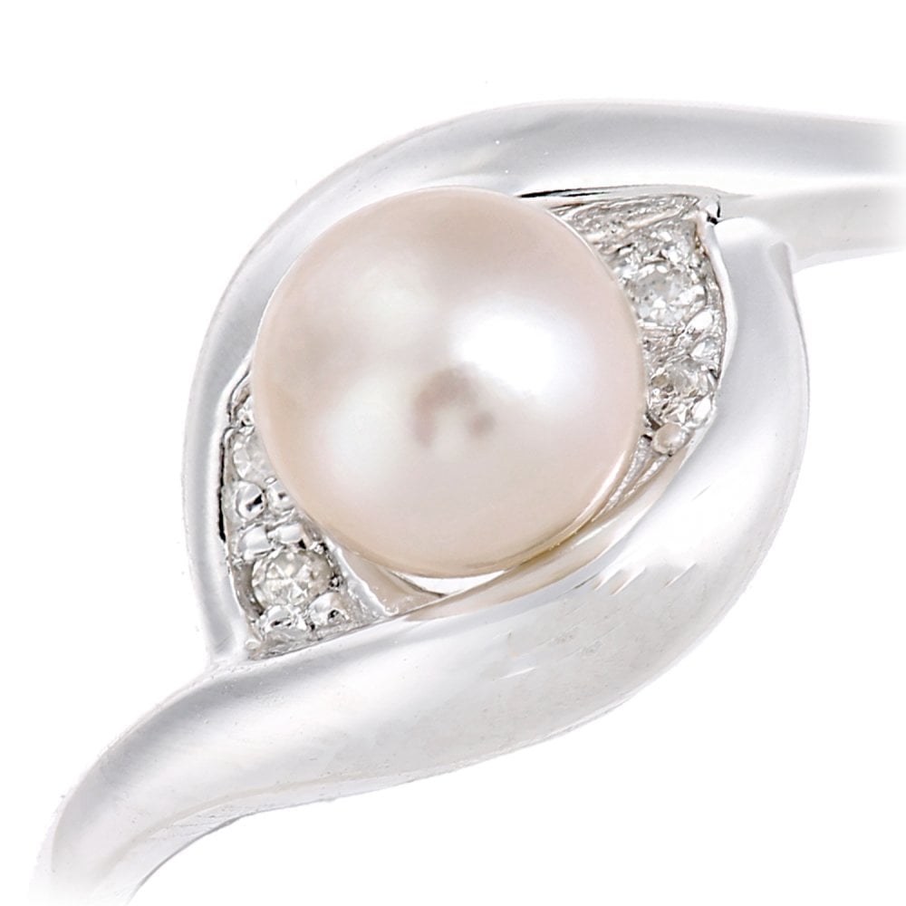 SPARKLD 9ct White Gold Diamond And Cultured Pearl Crossover Ring