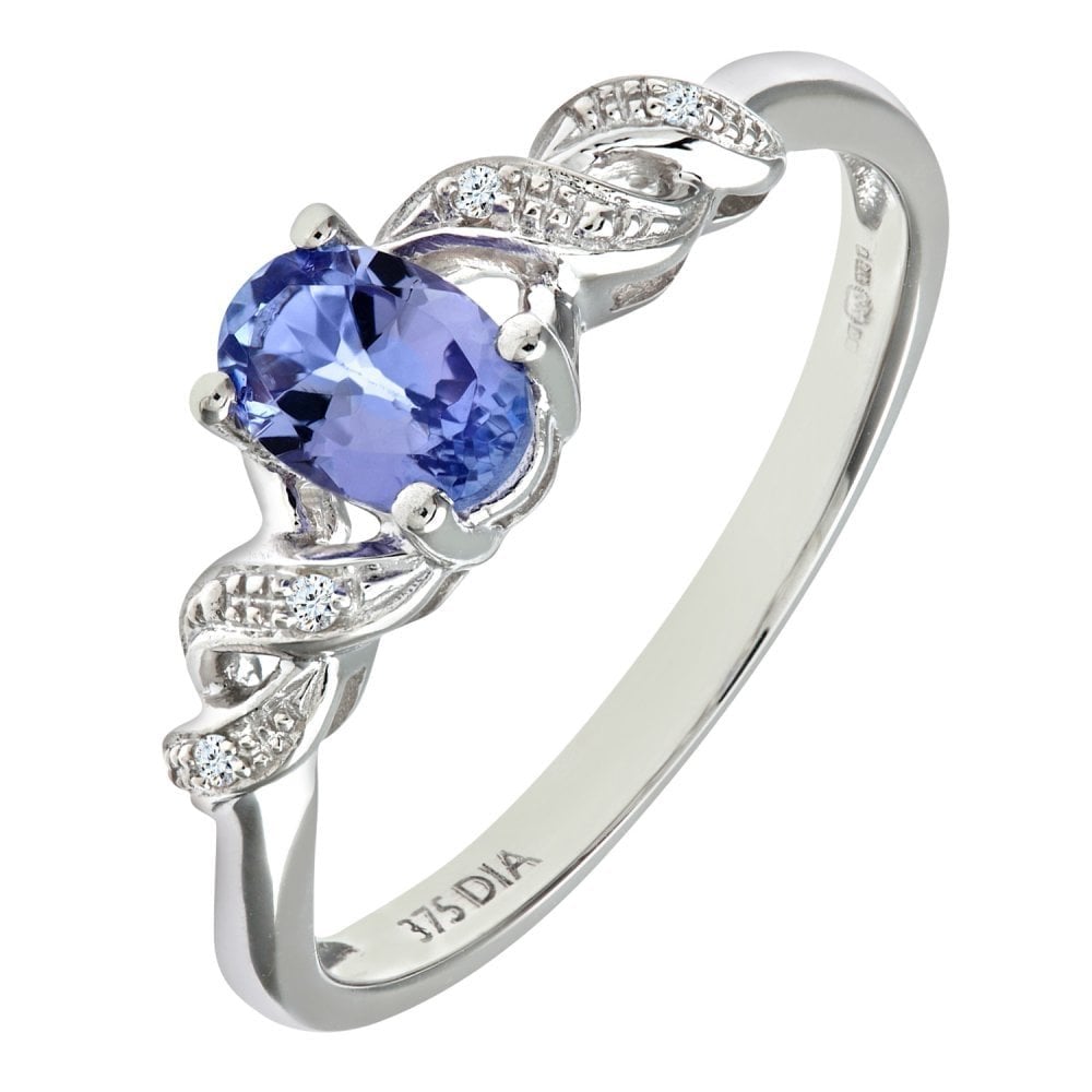 SPARKLD 9ct White Gold Oval Tanzanite Ring with Pave Set Diamond Twist Shoulders