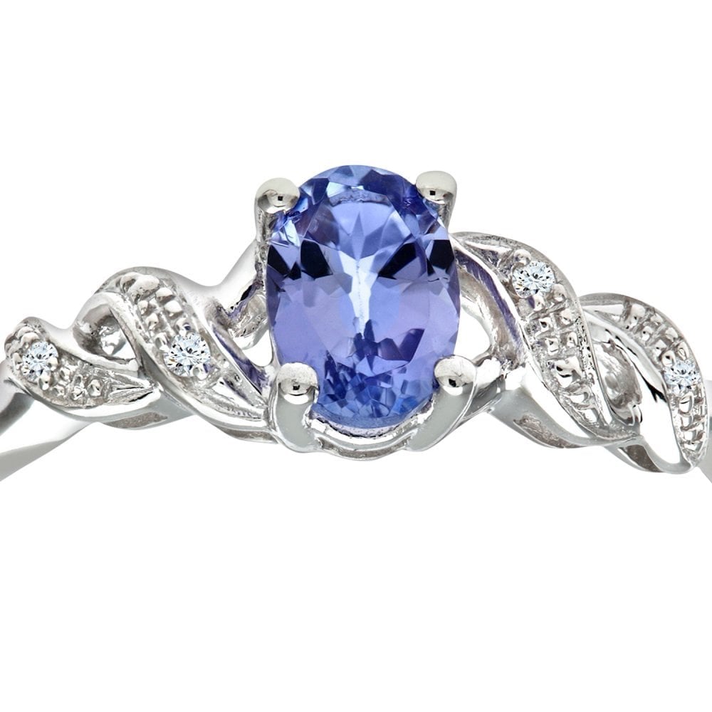 SPARKLD 9ct White Gold Oval Tanzanite Ring with Pave Set Diamond Twist Shoulders