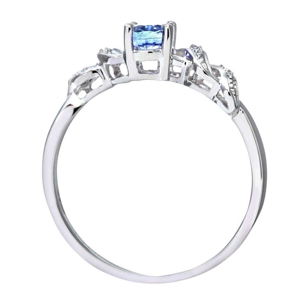 SPARKLD 9ct White Gold Oval Tanzanite Ring with Pave Set Diamond Twist Shoulders