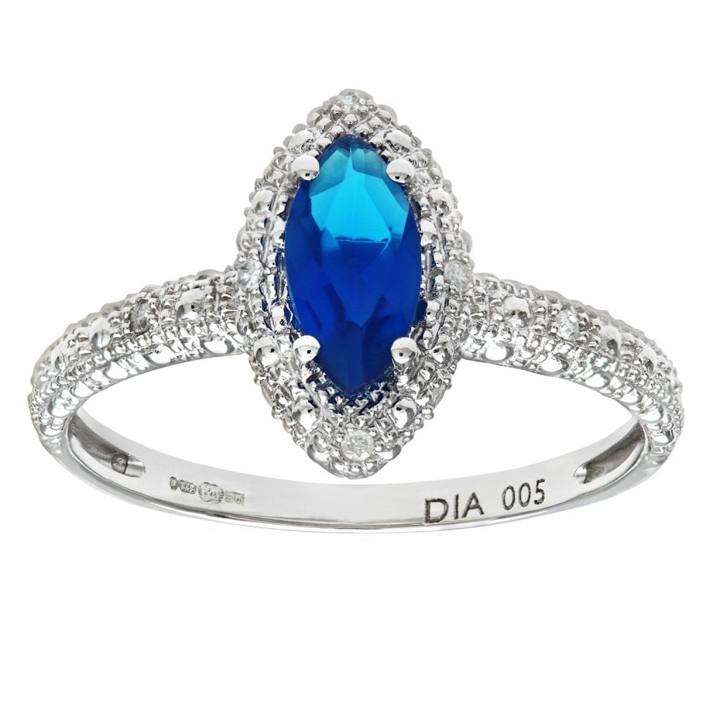 SPARKLD 9ct White Gold Created Sapphire And Diamond Marquise Cluster Ring