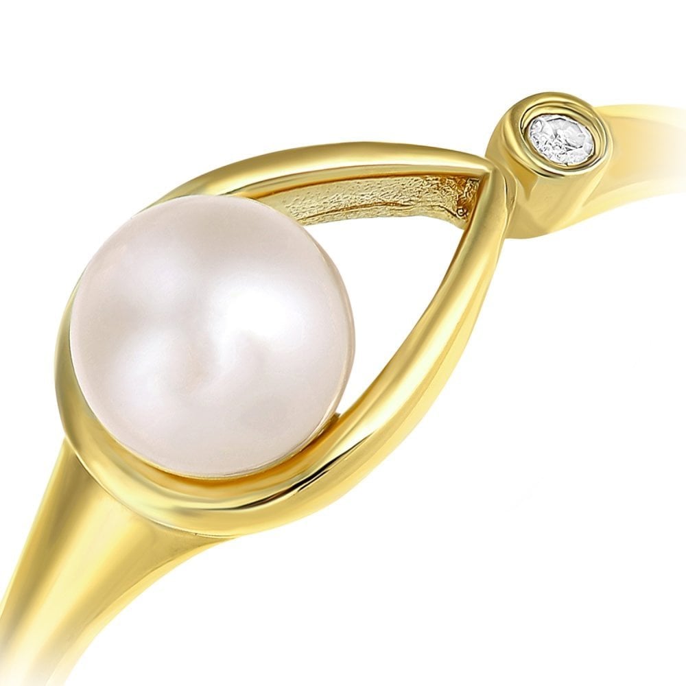 SPARKLD 9ct Yellow Gold Diamond And Cultured Pearl Teardrop Ring