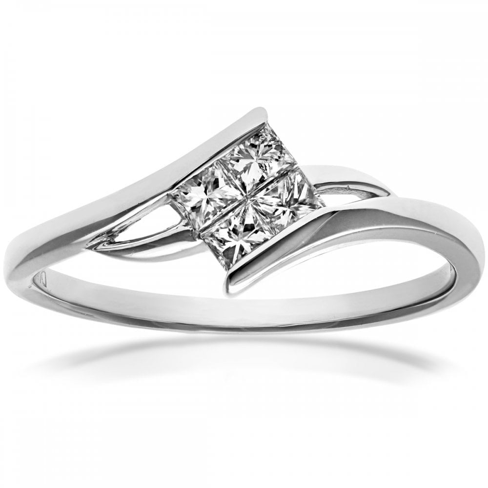 SPARKLD 18ct White Gold Solitaire Look Crossover Engagement Ring, IJ/I Certified Diamonds, Princess Cut, 0.25ct