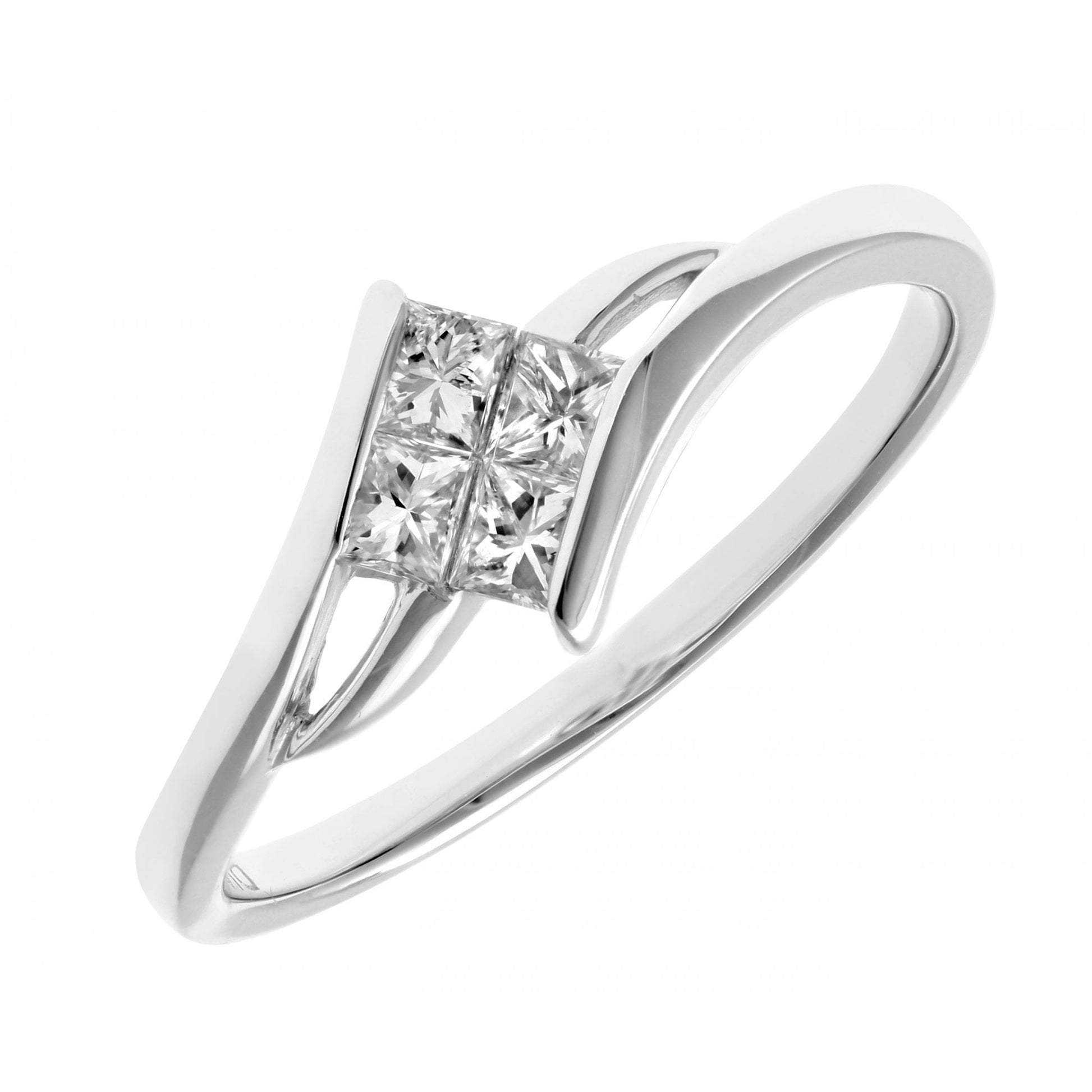 SPARKLD 18ct White Gold Solitaire Look Crossover Engagement Ring, IJ/I Certified Diamonds, Princess Cut, 0.25ct