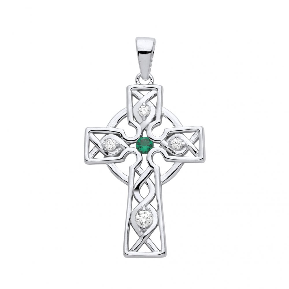 925 Sterling Silver CZ & Emerald Celtic Trinity Knot Cross Pendant