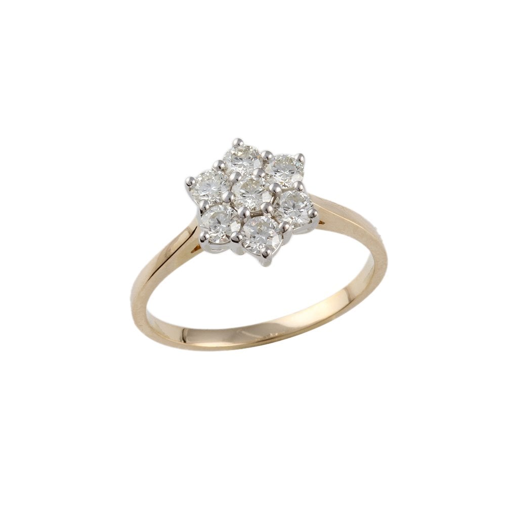 Yellow and White Gold 1.00ct Seven Stone Round Brilliant Diamond Cluster Ring