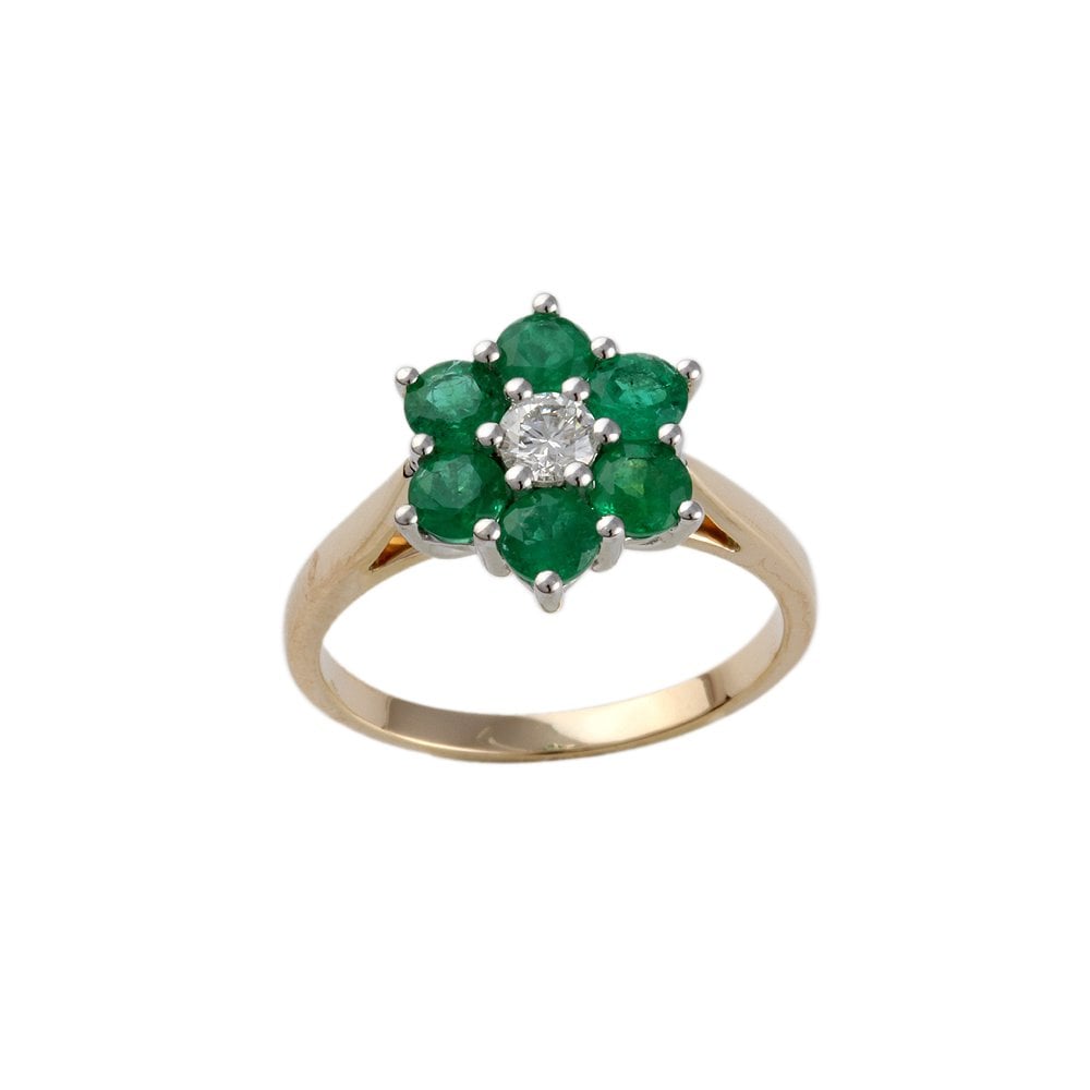Yellow and White Gold 1.40ct Seven Stone Round Brilliant Diamond and Emerald Cluster Ring