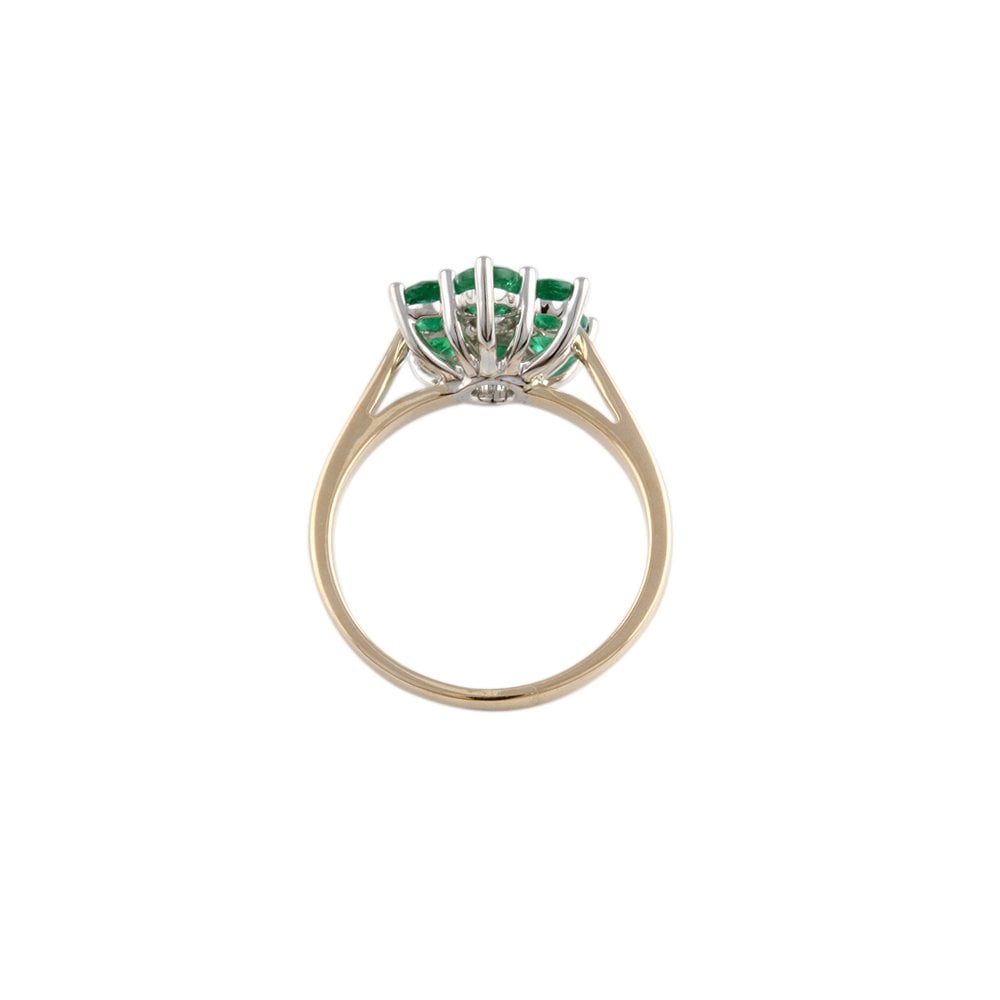 Yellow and White Gold 1.40ct Seven Stone Round Brilliant Diamond and Emerald Cluster Ring