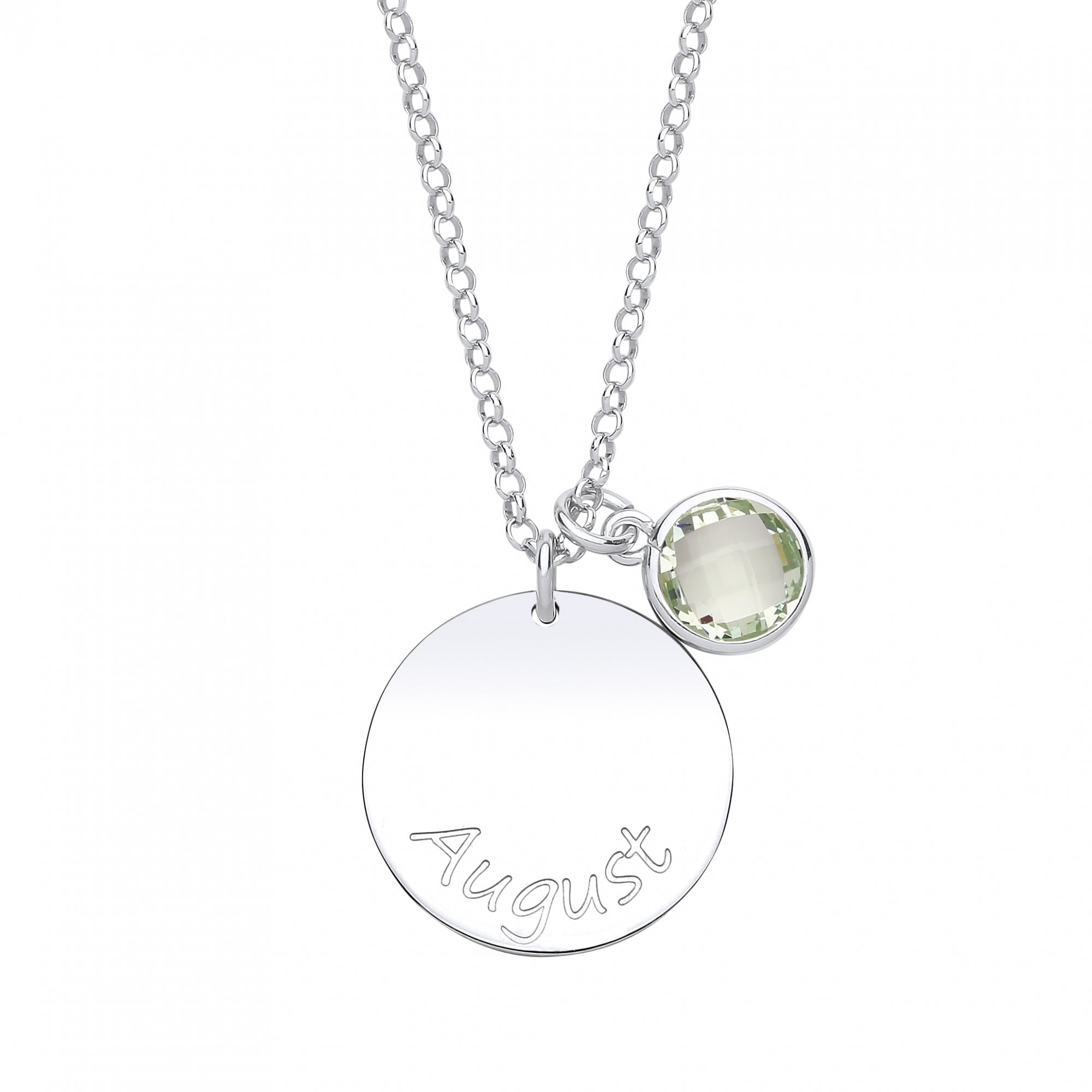 925 Sterling Silver August Peridot Birthstone Disc Pendant Necklace