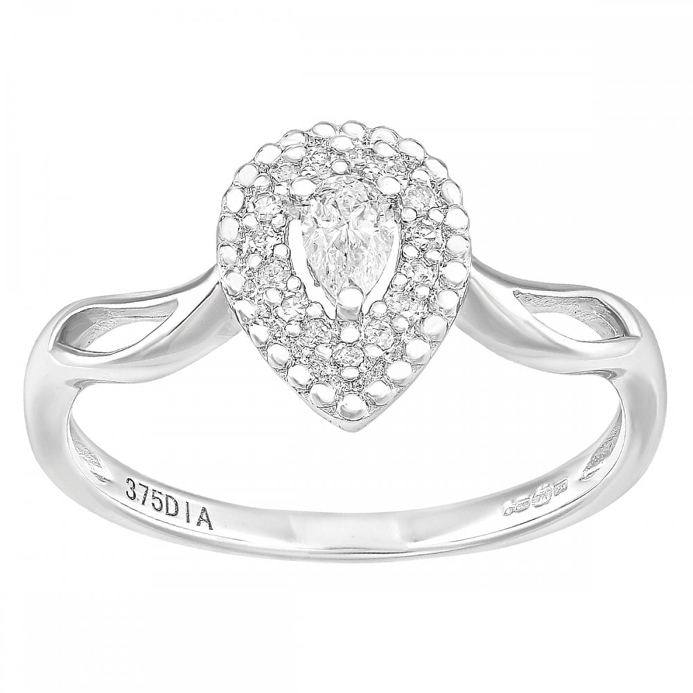 SPARKLD 9ct White Gold Teardrop 0.25ct Halo Diamond Solitaire Engagement Ring