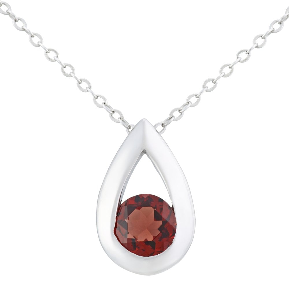 SPARKLD 9ct White Gold Garnet Teardrop Pendant Necklace