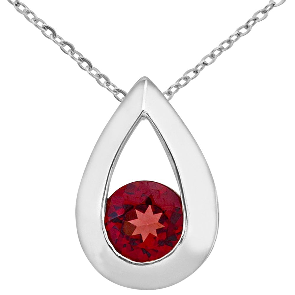 SPARKLD 9ct White Gold Garnet Teardrop Pendant Necklace