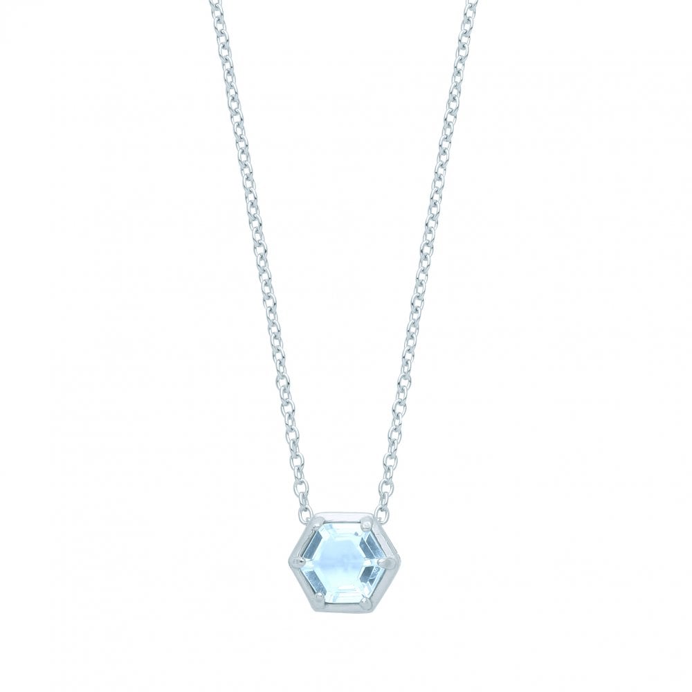 925 Sterling Silver Blue Topaz Hexagon Pendant Necklace