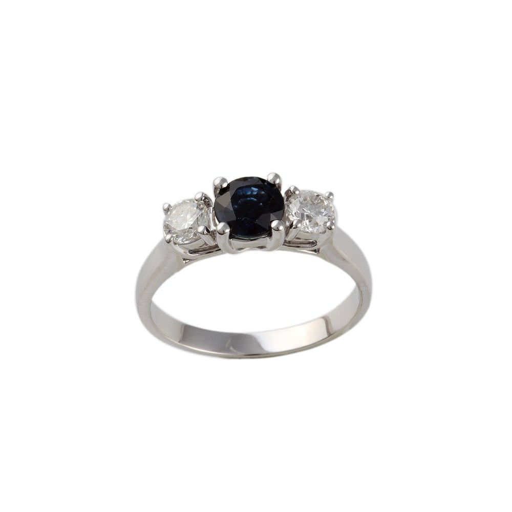White Gold 0.51ct Round Diamond and 0.99ct Round Blue Sapphire Three Stone Ring