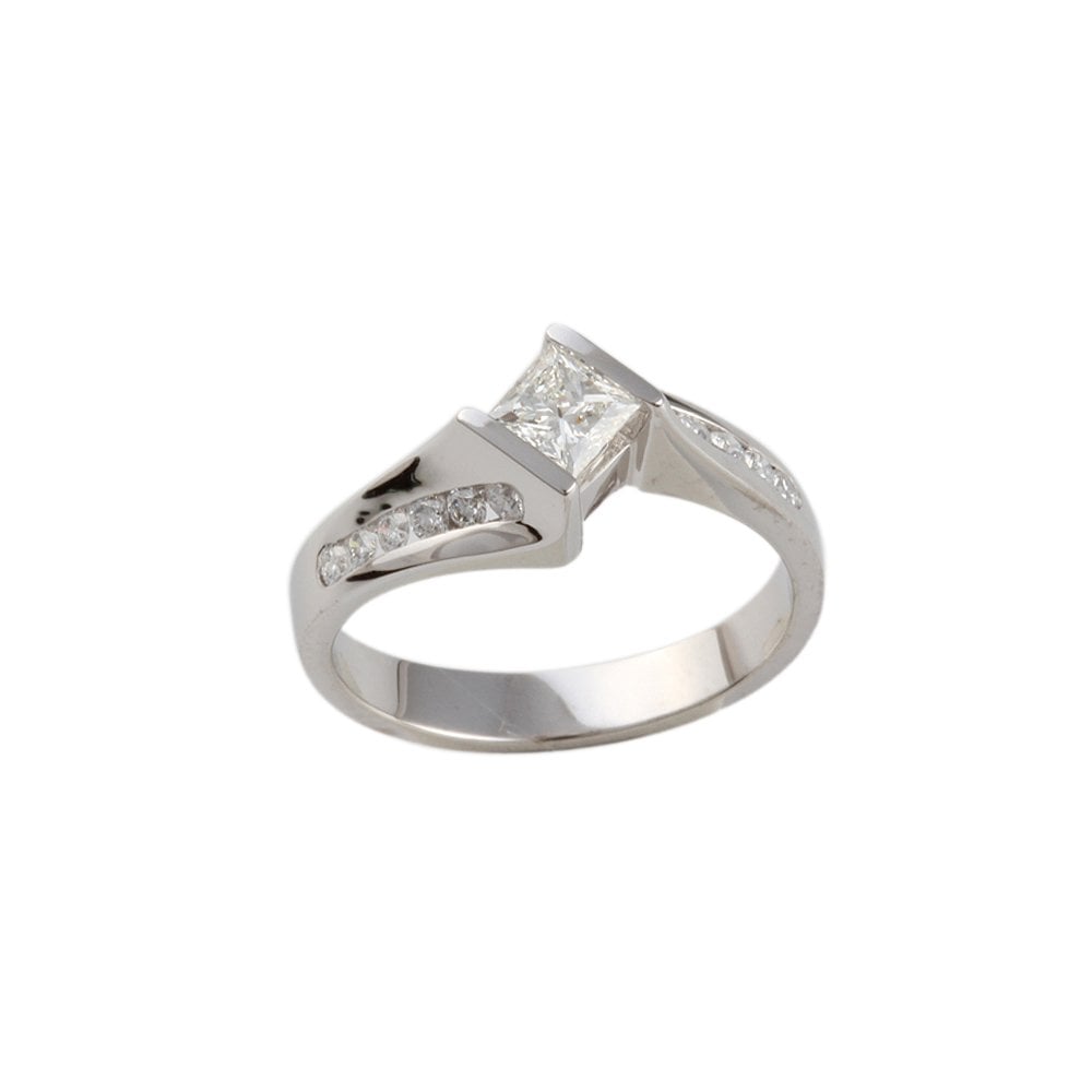 White Gold Princess Cut Diamond Solitaire Ring with Round Diamond Studded Shank