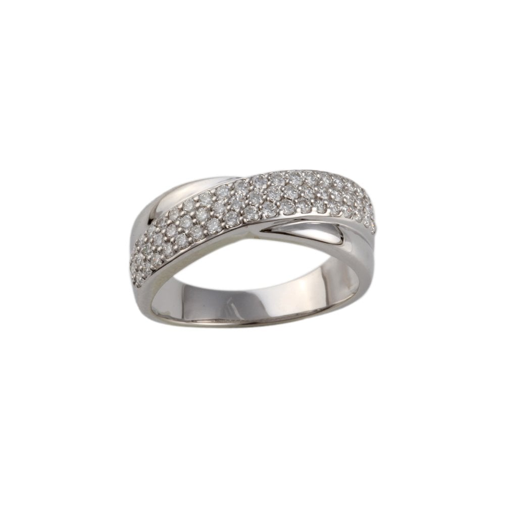 White Gold Round Diamond Three Row Half Eternity Ring with Crossover Design