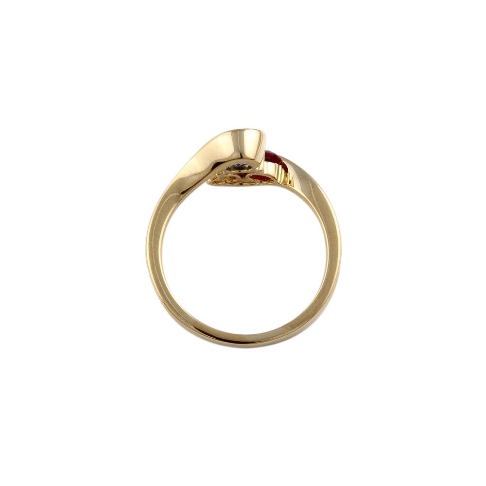Yellow Gold Round Diamond, Ruby and Blue Sapphire Set Three Stone Trefoil Style Ring