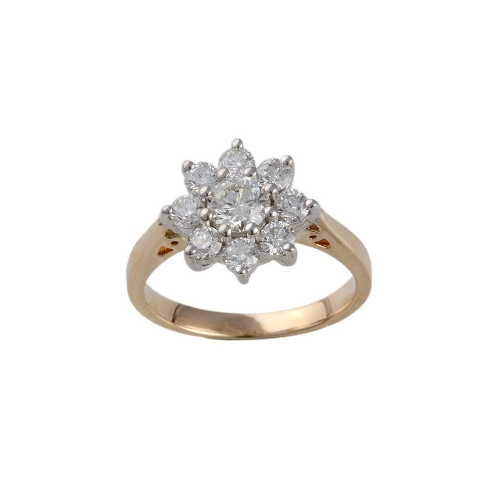 Yellow and White Gold 1.05ct Round Diamond Cluster Ring