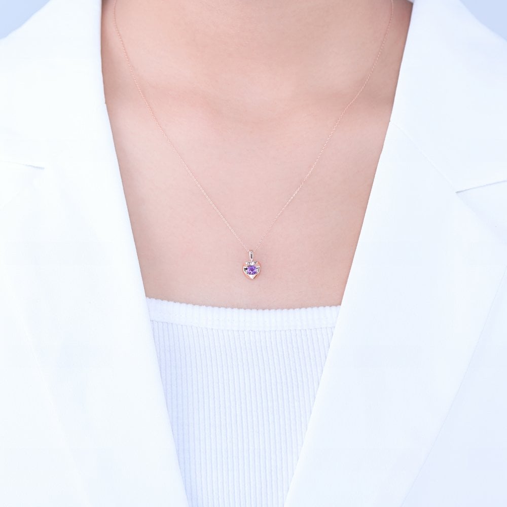 SPARKLD 9ct Rose Gold Amethyst Heart Pendant Necklace