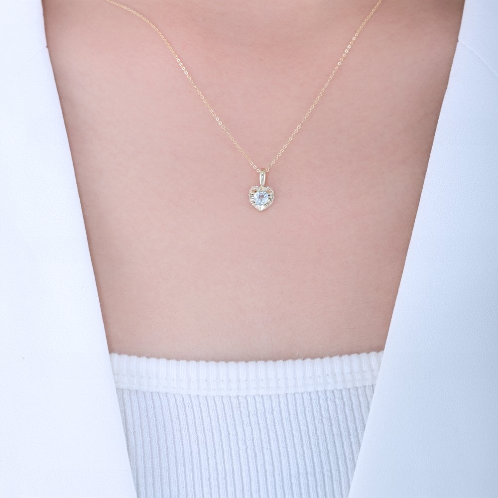 SPARKLD 9ct Yellow Gold Diamond and Blue Topaz Heart Pendant Necklace