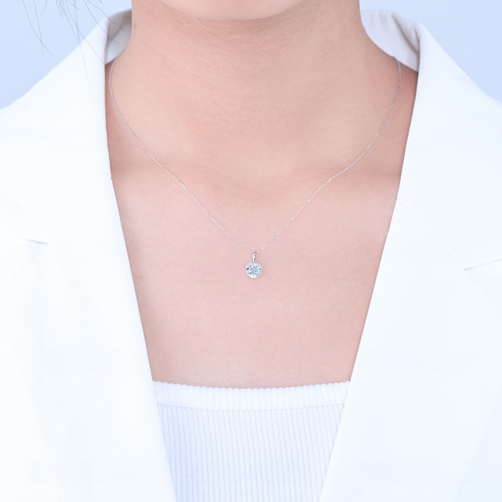 SPARKLD 9ct White Gold Diamond and Blue Topaz Heart Pendant Necklace