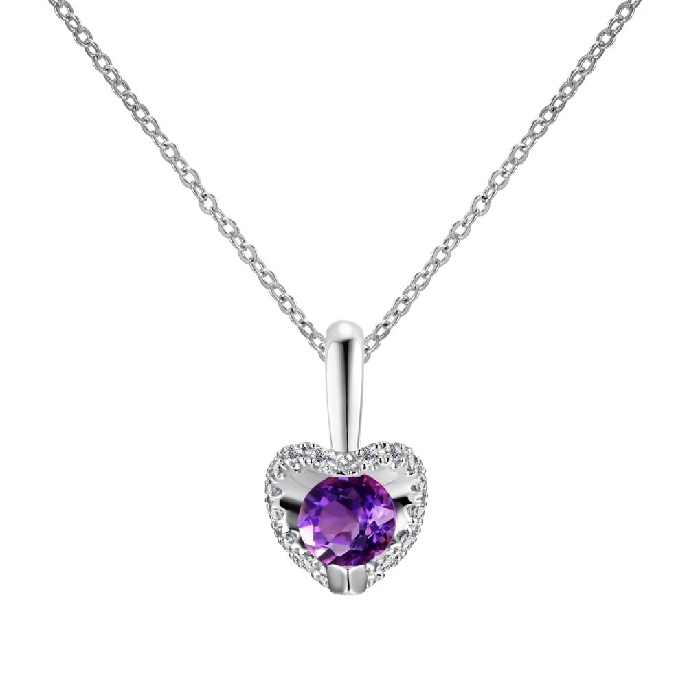SPARKLD 9ct White Gold Diamond and Amethyst Heart Pendant Necklace