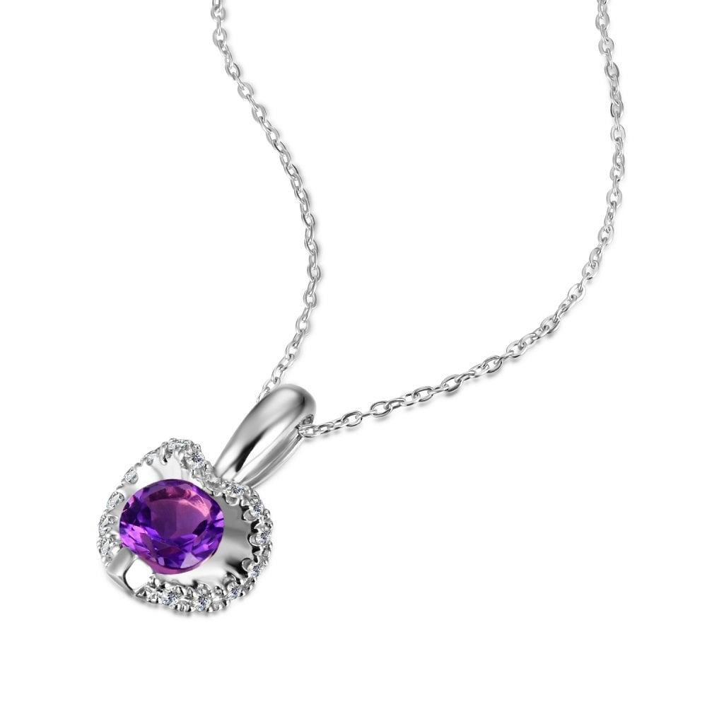 SPARKLD 9ct White Gold Diamond and Amethyst Heart Pendant Necklace